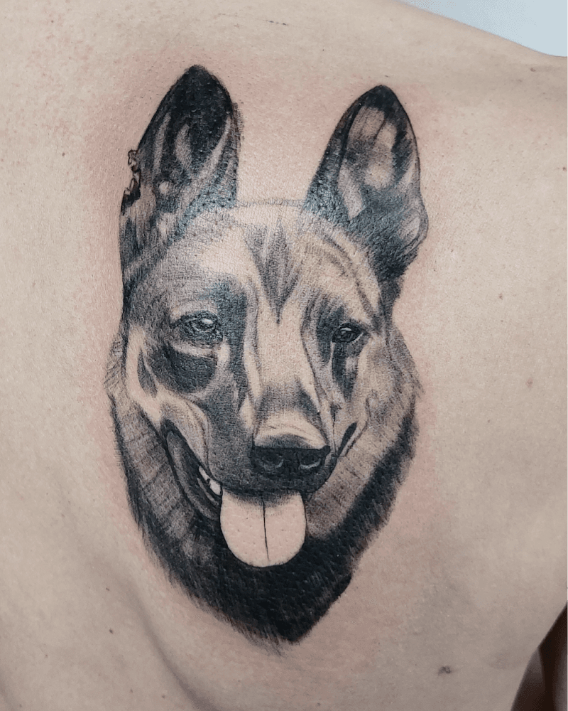 Realistisch portret van een Duitse herder op de schouder.