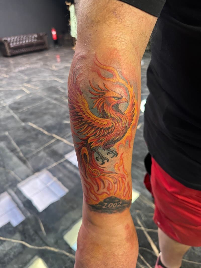 Kleurrijke feniks die uit vlammen herrijst met jaartal 2002 op onderarm.