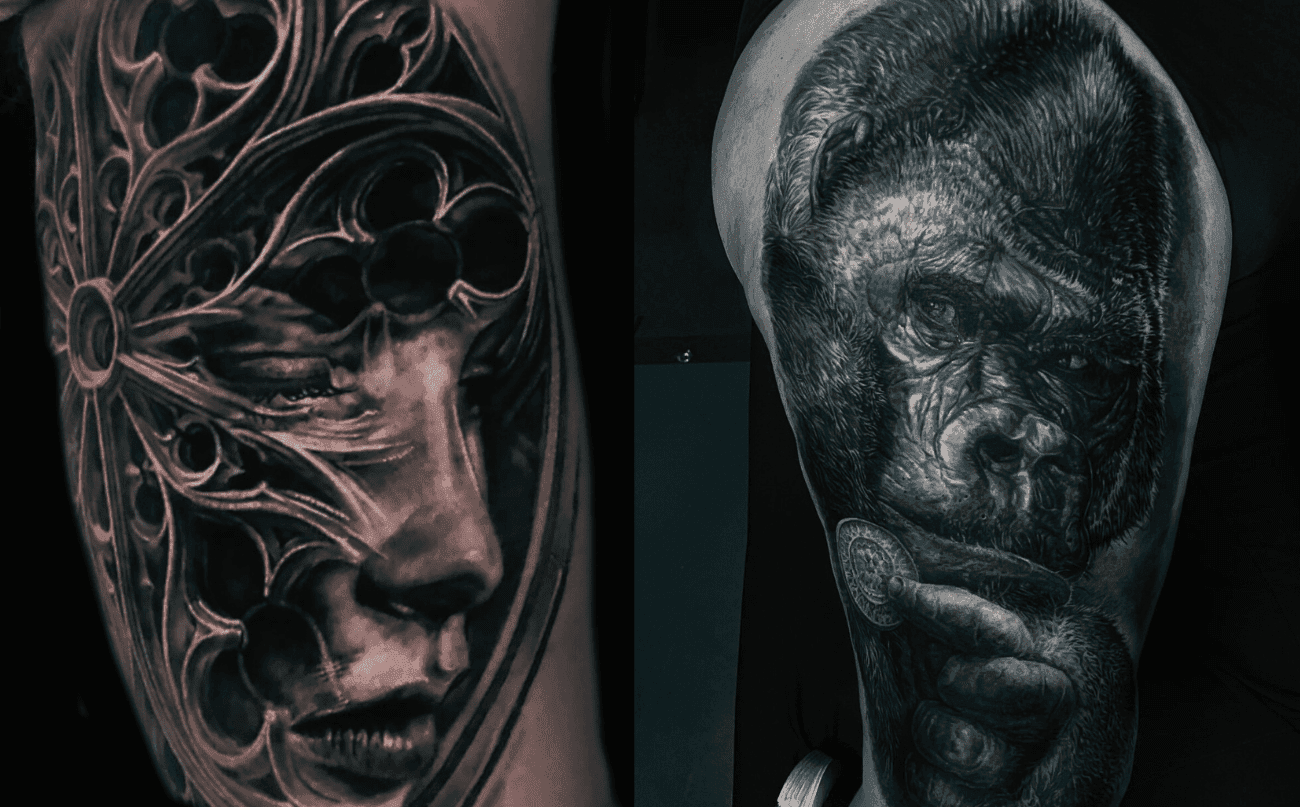 Twee realistische zwart-wit tattoos: vrouw met gotiek en gorilla met munt.