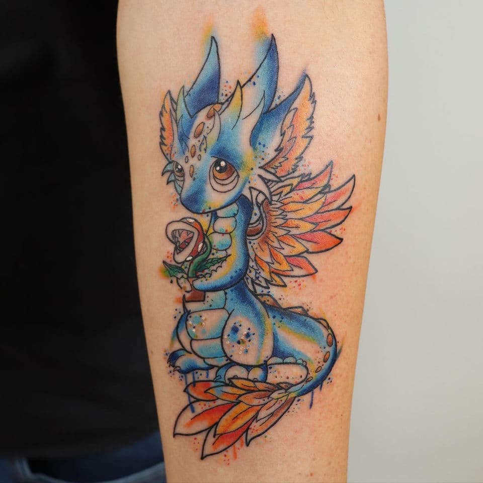 Kleurrijke watercolor draak met Piranha Plant op onderarm.