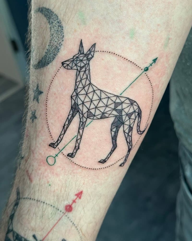 Geometrische hond tattoo met cirkel en pijl op onderarm.